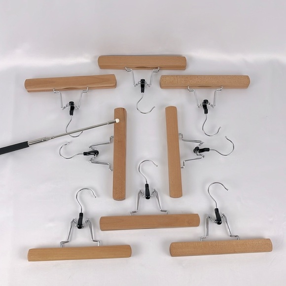 Lot of 8 Natural Wood Slack Skirt Pants Hangers with Metal Arm Clamps - Picture 5 of 7